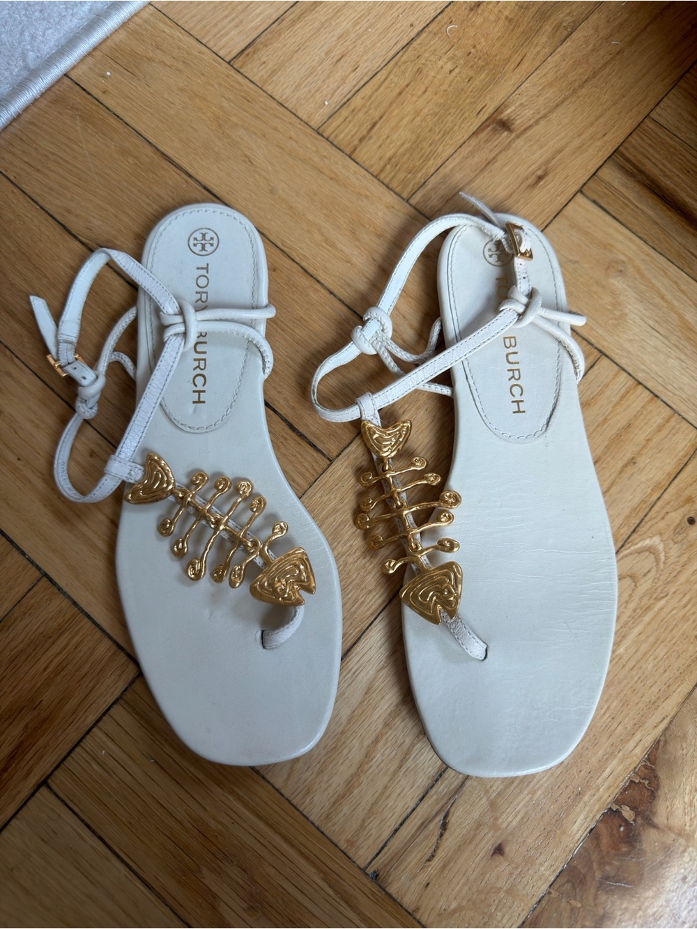 Tory Burch White Gold-Accent Leather T-Strap Sandals
